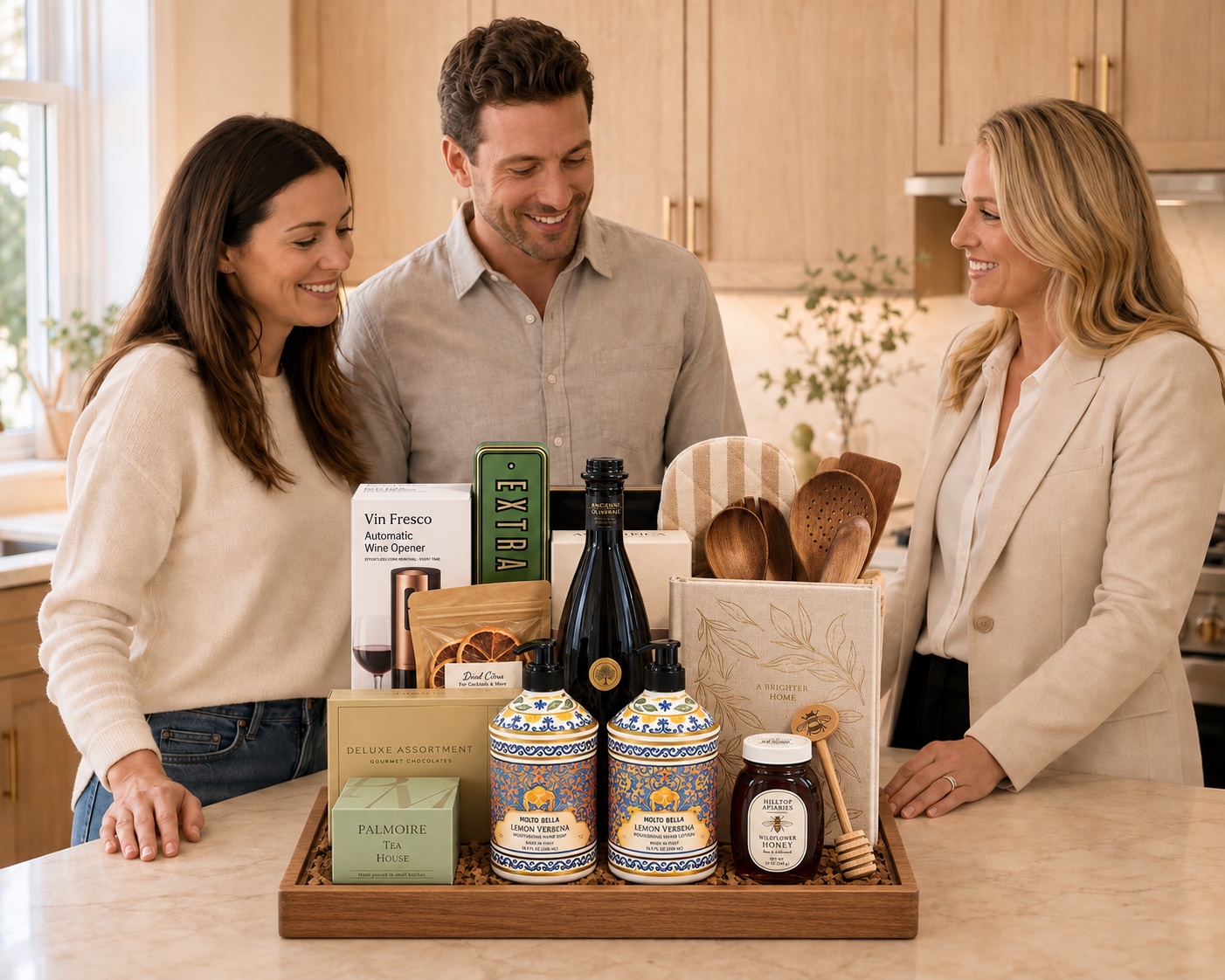 Clients and their agent sharing a smile around the complete Concierge Collection gift at a kitchen island