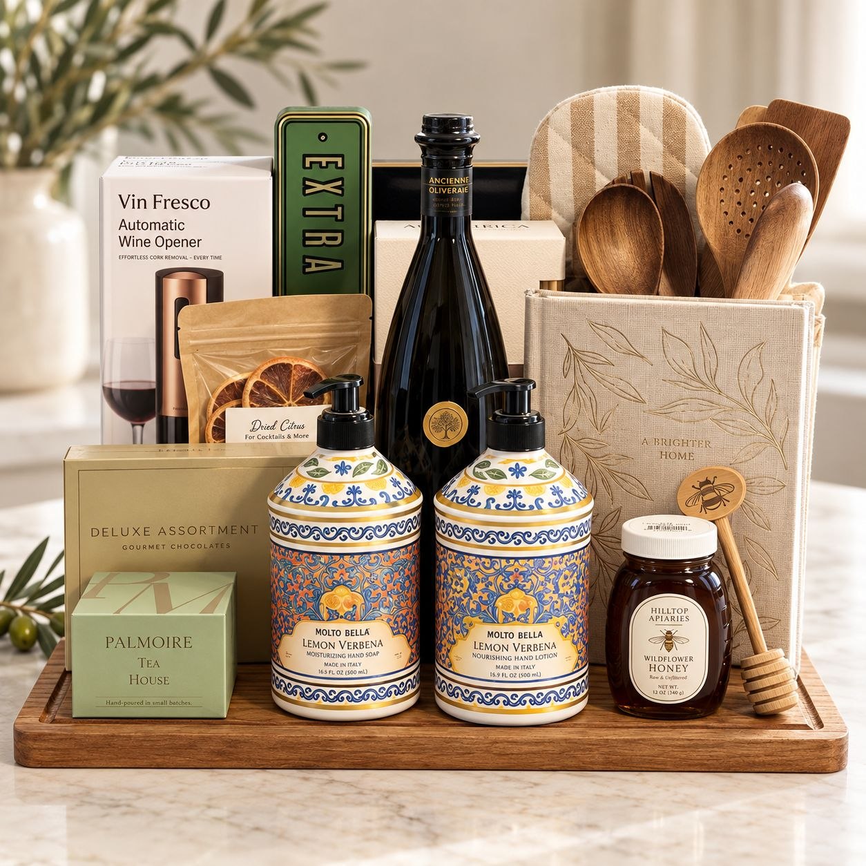 The Concierge Collection with home essentials, gourmet treats, and patterned hand care arranged on a wooden tray