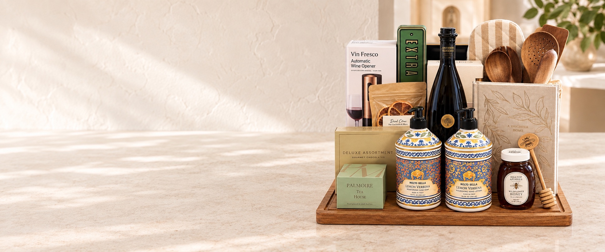 The complete Concierge Collection on a sunlit stone counter, ready to welcome clients home