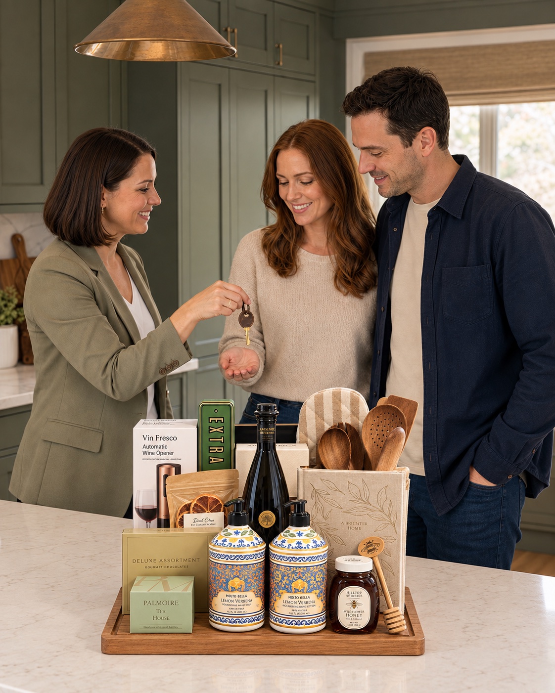A real estate agent handing house keys to a husband and wife while their Concierge Collection gift rests on the kitchen island